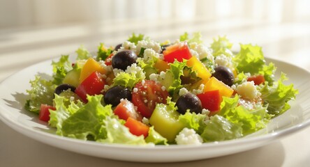 Delicious Greek Salad Featuring Fresh Lettuce Tomatoes and Feta Cheese with Ripe Olives Cucumbers and Yellow Bell Peppers on a White Plate in Natural Lighting Perfect for Diet and Healthy Eating