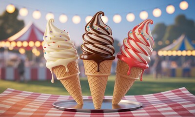 Delicious Ice Cream Cones Display with Vanilla Chocolate Swirl and Strawberry on Checkered Cloth at Carnival with Twinkling Lights for Festive Summer Celebration and Joyful Party Delight with