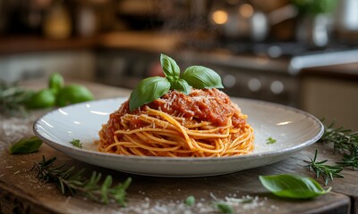 Delicious Spaghetti with Vibrant Tomato Sauce Garnished with Fresh Basil Leaves on a White Plate Steam Rising on a Rustic Wooden Table in Soft Natural Lighting Classic Italian Food Presentation