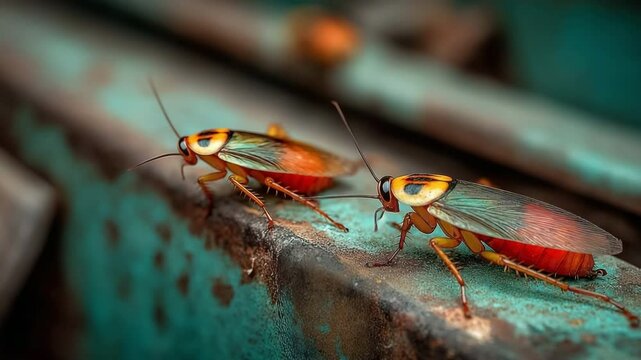 Cockroaches scuttling on an indoor trash can