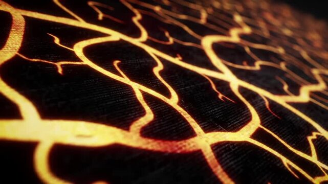 Abstract close up of a black textured surface with bright orange branching veins and subtle details