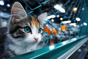A small kitten with striking blue eyes looks out from behind a teal wire cage