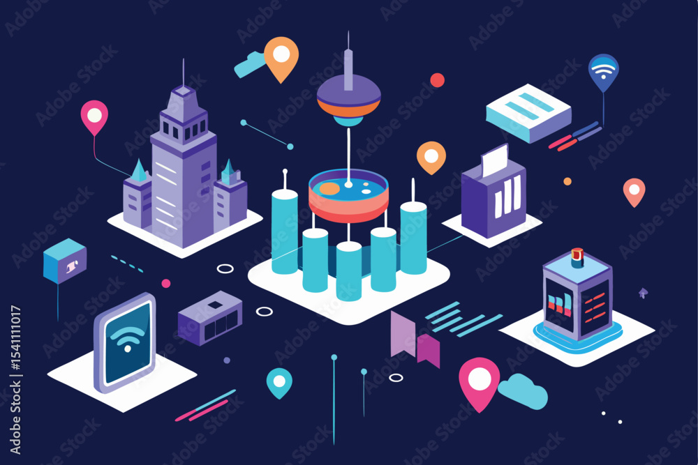 Poster abstract isometric cityscape representing technology and digital data communication network