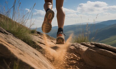 Dynamic Low Angle View of Runner on Rocky Trail with Kicking Dust Showcasing Legs and Trail Shoes with Green Hills and Cloudy Blue Sky Displaying Motion and Energetic Outdoor Fitness Journey