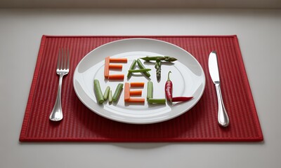 Eat Well Nutritional Balance Concept Featuring Sliced Carrots Asparagus and Chili Peppers Arranged on White Plate with Silverware on Red Placemat in Bright Overhead Light Offering a Fresh Approach to