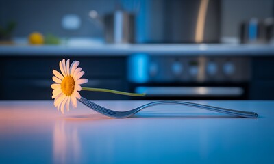 Elegant Daisy on Silver Fork in Modern Kitchen Harmony A Symbol of Diet and Healthy Living with Minimalist Style in Kitchen Setting Under Soft Lighting with Blurred Stainless Steel Appliances for