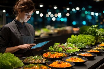 Woman using tablet at a salad bar at night