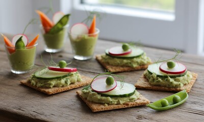 Elegant Rustic Display of Healthy Crackers with Green Spread and Fresh Vegetables Appetizers on Wooden Background Complemented by Carrot and Pea Sticks with Vivid Colors and Smooth Textures Ideal for