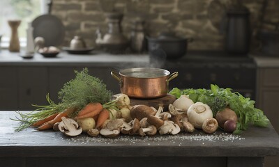 Elegant Kitchen Scene with Copper Pot and Fresh Vegetables on Stone Countertop with Rustic Decor A Focus on Culinary Preparation and Healthy Eating with Mushrooms Carrots and Herbs