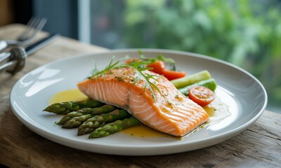Elegant Salmon Fillet with Asparagus and Cherry Tomatoes on White Plate in Natural Light Displaying a Culinary Presentation of Healthy Meal Option Garnished on Wooden Table Indoors Near Window