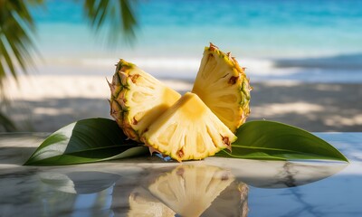 Exotic Sliced Pineapple Display with Vibrant Tropical Beach Backdrop Featuring Golden Slices and Turquoise Sea Water Balanced Composition with Natural Light And Marble Surface And Tropical Leaves