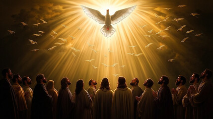 Divine imagery with Jesus and disciples looking up in awe as a dove representing the Holy Spirit descends. Ai Generated Images