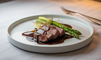 Exquisite Sliced Steak on White Plate with Asparagus and Glossy Dark Sauce Gourmet Meal Presentation in Soft Studio Lighting for Fine Dining Restaurant Promotion and Healthy Diet Visuals