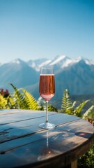 Sparkling rose wine in a champagne flute on a wooden table with mountain scenery in the background