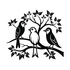 Three Birds on Big Branch Talking – Black Line Art Vector