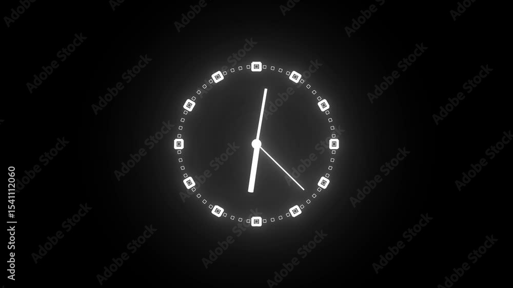 Poster modern clock racing time in glowing digital display. futuristic motion clock glowing on a black back
