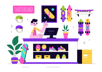 Skateboard Shop Vector Illustration Featuring a Shop That Sells Skateboards Equipment Such as Boards, Wheels, and Other Accessories Background
