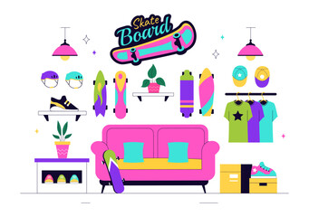 Obraz premium Skateboard Shop Vector Illustration Featuring a Shop That Sells Skateboards Equipment Such as Boards, Wheels, and Other Accessories Background