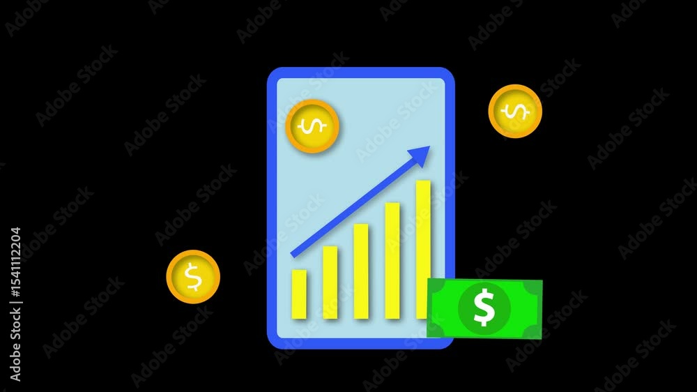 Poster dynamic smartphone animation featuring coin and chart to highlight digital finance strategies and mo