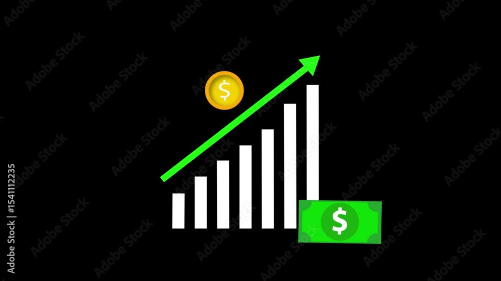 Poster business graph icon animation showing dollar coin and growth arrow illustrating powerful business gr