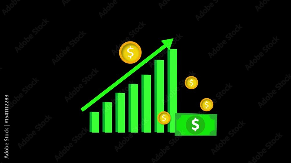 Poster watch business graph icon animation featuring dollar coin and growth arrow and gains. business growt