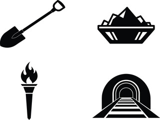 Mining icon set. Containing minerals, gold, pickaxe, miner, excavator, diamond, coal wagon, jackhammer and gold panning icons. Solid icon collection. Vector illustration.