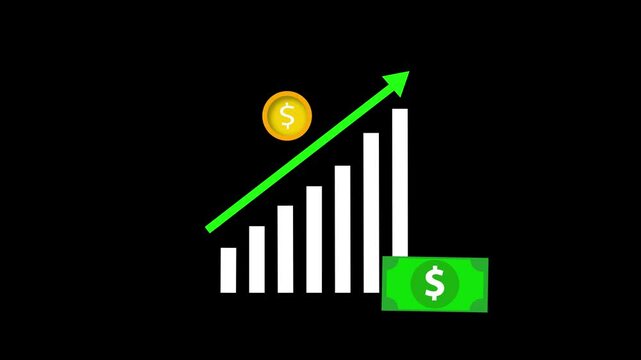 Business graph icon animation showing dollar coin and growth arrow illustrating powerful business growth concepts clearly. Animated business graph icon with dollar coin and upward growth arrow.