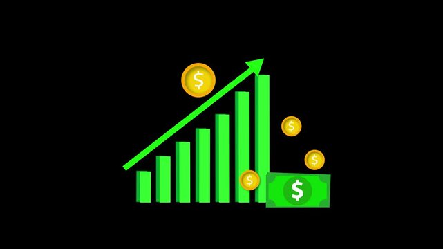 Watch business graph icon animation featuring dollar coin and growth arrow and gains. Business growth concept visualized through animated graph icon with dollar coin and rising arrow.