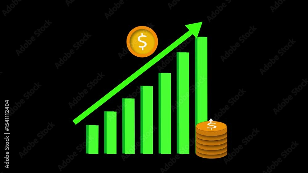 Poster dynamic business graph icon animation with dollar coin and growth arrow highlighting key metrics of 