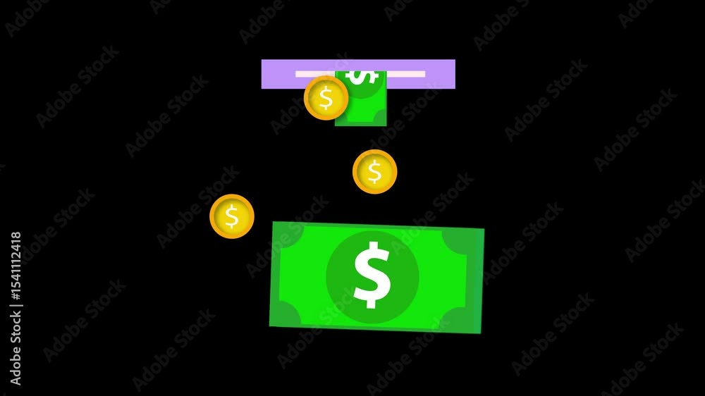 Poster money bursts out of atm in this animation showing fast transactions, easy banking, and rapid financi