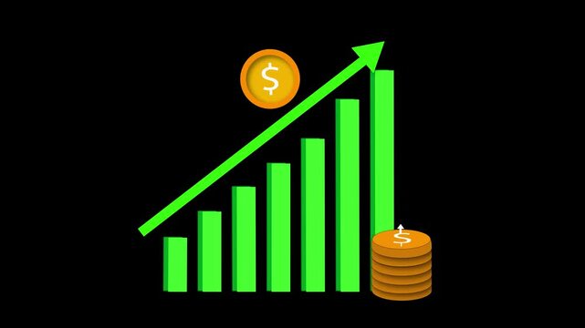 Dynamic business graph icon animation with dollar coin and growth arrow highlighting key metrics of profit and expansion. Animated business graph icon featuring dollar coin and growth.