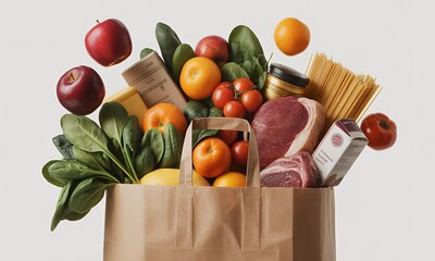 Fresh Groceries Overflowing from Brown Paper Bag on White Background Featuring Apples Spinach Oranges Tomatoes Pasta and Meat in a Healthful Display for Healthy Eating and Lifestyle Ad Campaigns