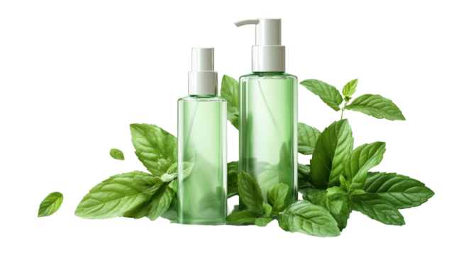 Refreshing minty essence bottles natural setting product photography greenery close-up aromatherapy concept