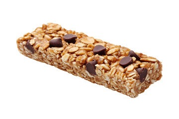 Delicious granola bar with chocolate chips isolated on black background