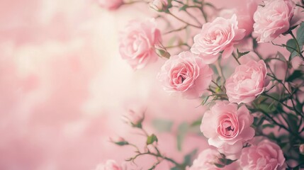 A bouquet of pink roses against a soft, blurred pink background.