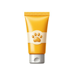 Yellow pet shampoo tube with white paw print for animal grooming and hygiene care isolated on a transparent background, png, cutout.