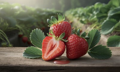 Fresh Strawberries Trio on Rustic Wood Surface with Sunlight and Strawberry Field Background and Shallow Depth of Field, Displaying Vibrant Red Berries and Green Leaves for a Healthy Lifestyle