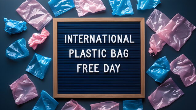 International Plastic Bag Free Day letter board flat lay with plastic bags