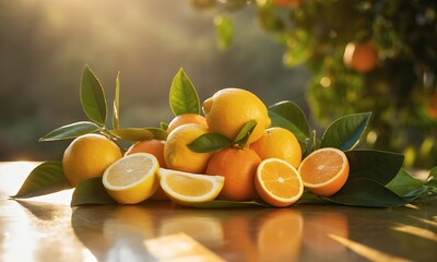 Golden Citrus Still Life Arrangement Featuring Fresh Oranges and Lemons on a Reflective Tabletop Bathed in Warm Sunlight Showcasing Vibrant Colors and Healthy Fruit with Lush Green Leaves in a Garden
