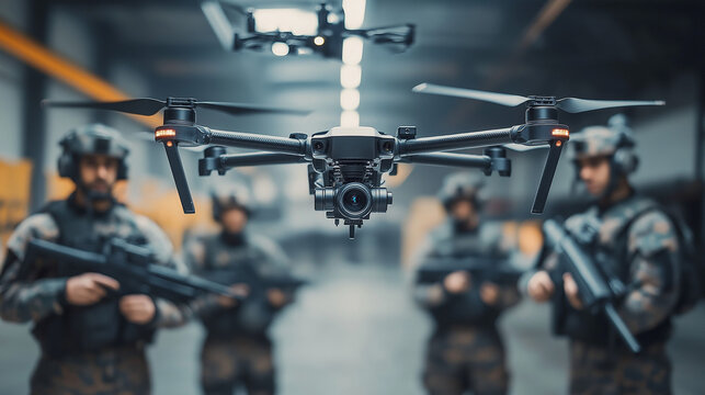 Military personnel in tactical gear, standing in a high-tech industrial environment with a drone hovering in front of them. Ai Generated Images - Powered by Adobe