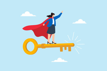 Flat illustration of confident businesswoman in superhero cape standing on flying golden key to represent leadership empowerment and unlocking success