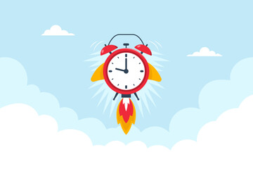 Flat illustration of red alarm clock launching like rocket into sky to represent urgency productivity and fast business startup