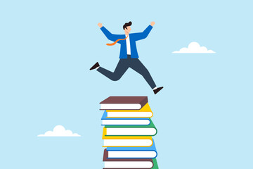 Flat illustration of businessman jumping over tall stack of books to represent knowledge challenge educational growth and learning journey
