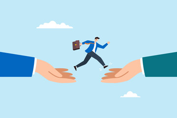 Flat illustration of businessman leaping between two giant hands to represent opportunity career transition and decision making with support