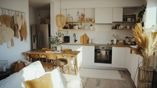 Bright, airy open-plan kitchen and living area with natural elements and minimalist design