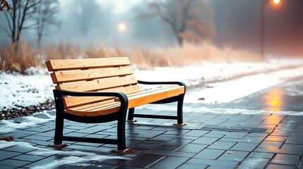 A wooden park bench sits on a wet, tiled path amidst a snowy, foggy winter landscape with warm streetlights illuminating the background.