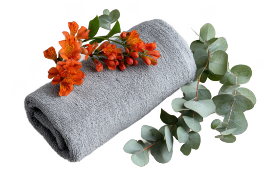 Gray rolled towel with orange flowers and eucalyptus isolated on transparent background