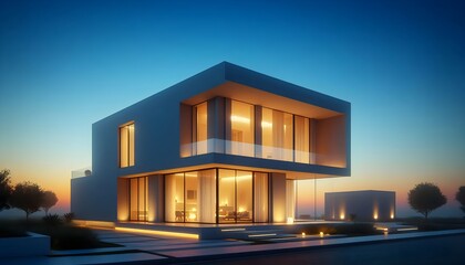 Modern house with flat roof silhouetted against sunset with peaceful color tones and warm interior light