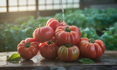 Heap Of Ripe Red Tomatoes Splashed With Water Showcasing Fresh Organic Produce Against Lush Greenery On Weathered Wood Surface With Natural Sunlight Evoking Healthy Eating And Garden Freshness