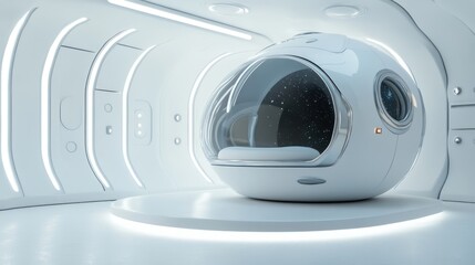 Futuristic pod with a transparent dome inside a clean, white interior